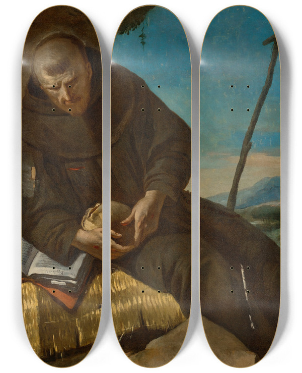 Triptych art skateboard deck of Francesco Zugno Saint Francis In Meditation by Francesco Zugno (1709-1787)