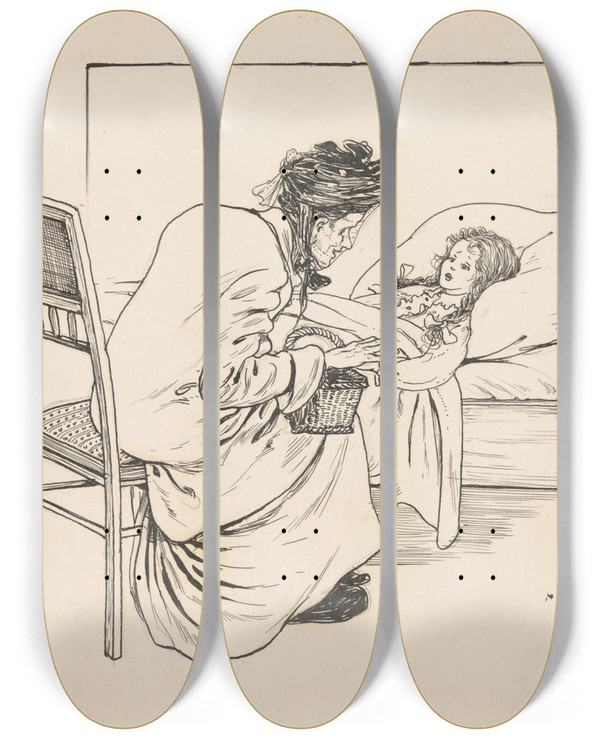 Triptych art skateboard deck of Nelly Spoor Vrouw Bij Het Ziekbed Van Een Meisje by Nelly Spoor (1885-1950)