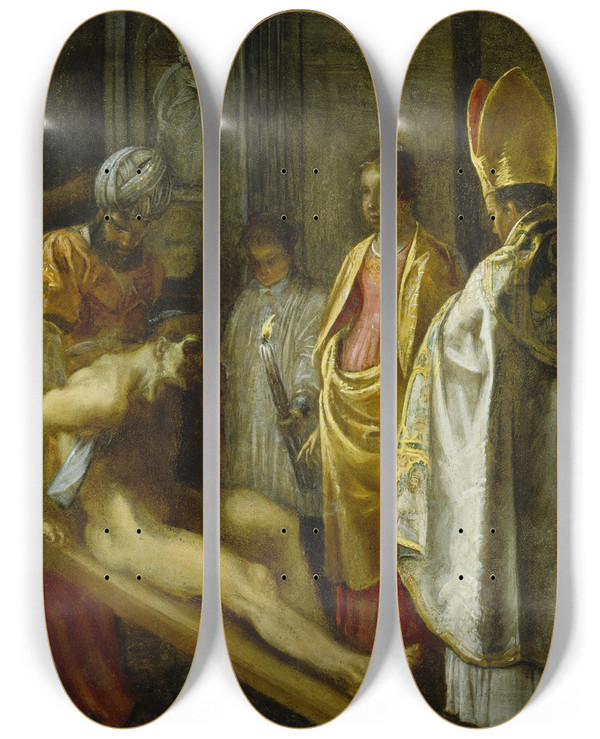 Triptych art skateboard deck of Adam Elsheimer The Testing Of The Cross by Adam Elsheimer (1578-1610)