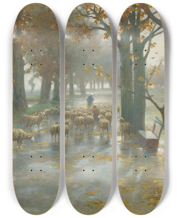 Triptych art skateboard deck of Adolf Kaufmann Flock Of Sheep With Shepherdess On A Rainy Day by Adolf Kaufmann (1848-1916)