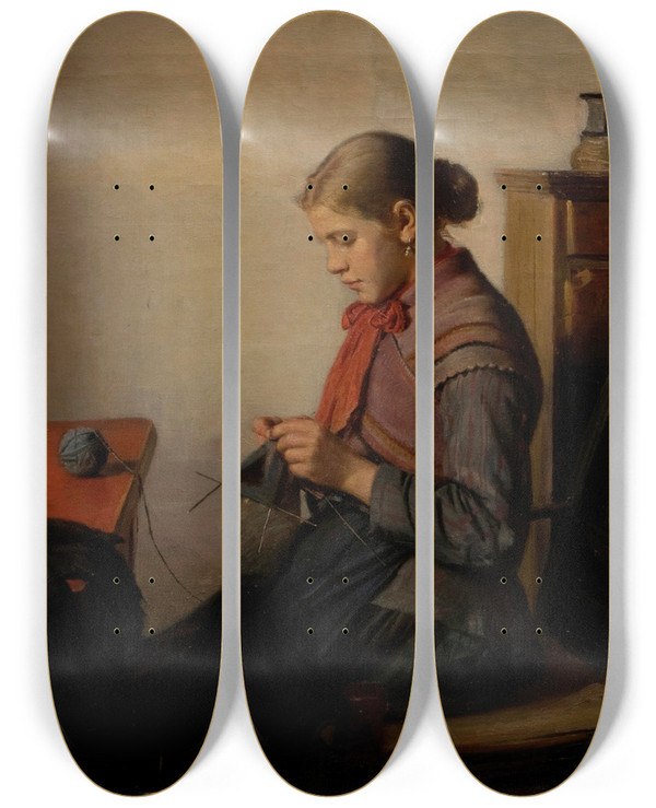 Triptych art skateboard deck of Michael Ancher Skagen Girl Maren Sofie Knitting by Michael Ancher (1849-1927)
