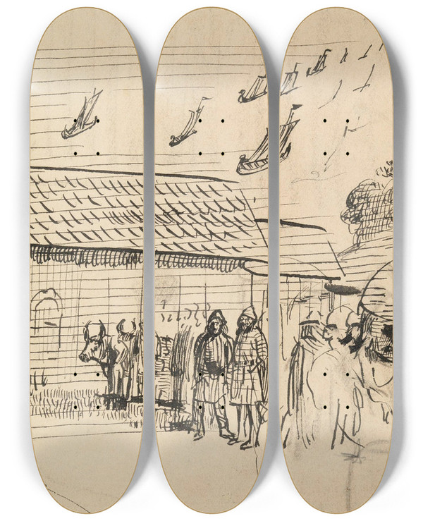 Triptych art skateboard deck of Christian Krohg Variant Til Illlustrasjon I Hkon Den Godes Saga Snorre Sturlason Kongesagaer Kristiania 1899 by Christian Krohg (1852-1925)