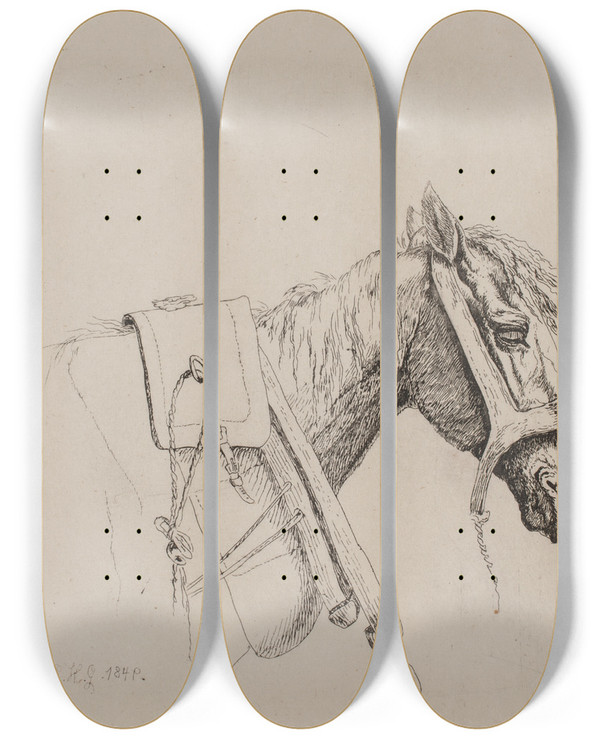 Triptych art skateboard deck of Emmerik Heghguldberg Et Hestehoved_1 by Emmerik Hegh-Guldberg (1807-1881)