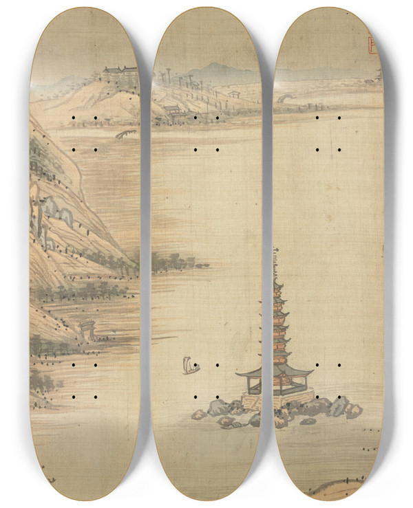 Triptych art skateboard deck of Song Xu Bilang Lake by Song Xu (1525-1606)