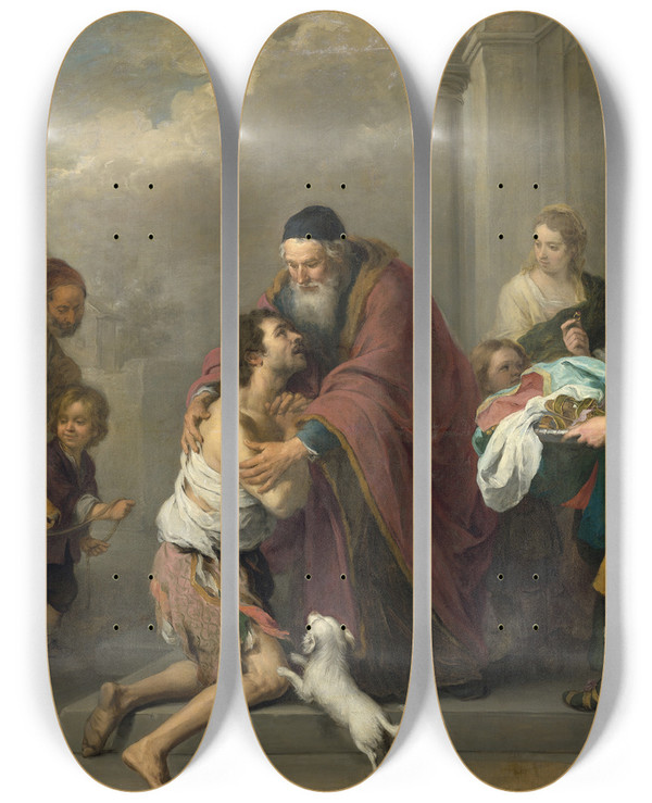 Triptych art skateboard deck of Bartolom Estebn Murillo The Return Of The Prodigal Son_1 by Bartolome Esteban Murillo (1617-1682)
