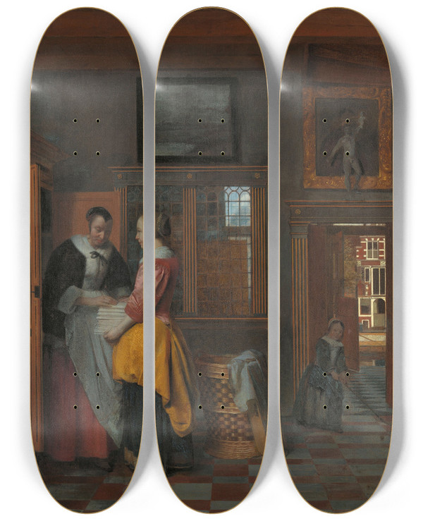 Triptych art skateboard deck of Pieter De Hooch Interior With Women Beside A Linen Cupboard by Pieter De Hooch (1629-1684)