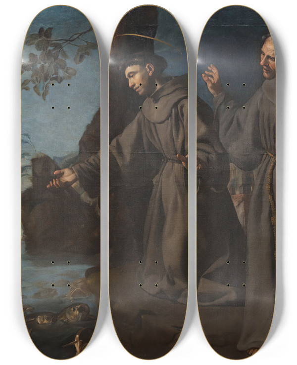 Triptych art skateboard deck of Francisco Herrera The Elder St Anthony Preaching To The Fishes by Francisco Herrera The Elder (1576-1656)