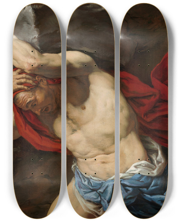 Triptych art skateboard deck of Antonio Zanchi Sisyphus by Antonio Zanchi (1631-1722)