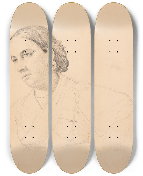 Triptych art skateboard deck of Jacquesraymond Brascassat Tude De Tte De Femme by Jacques Raymond Brascassat (1804-1867)