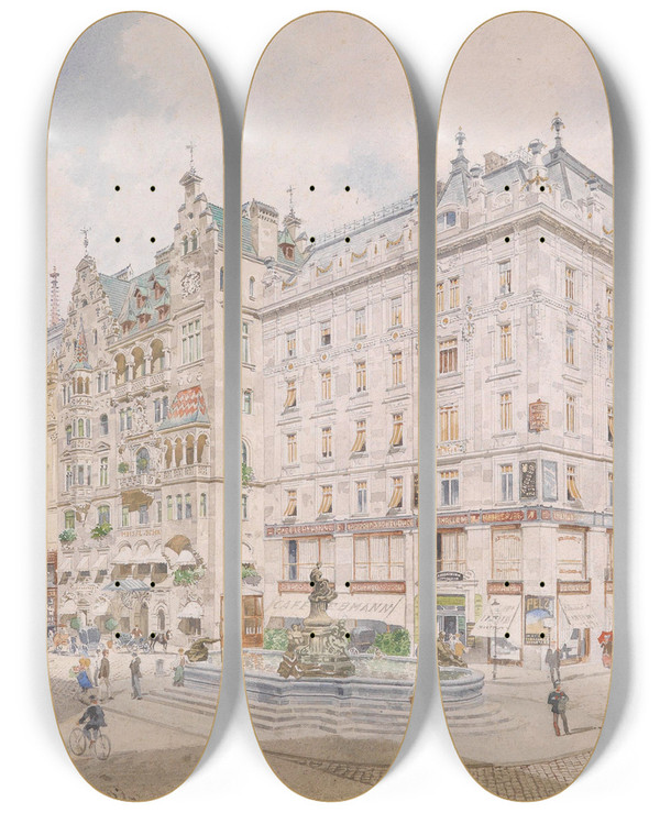 Triptych art skateboard deck of Robert Raschka Donnerbrunnen Am Neuen Markt by Robert Raschka (1847-1908)