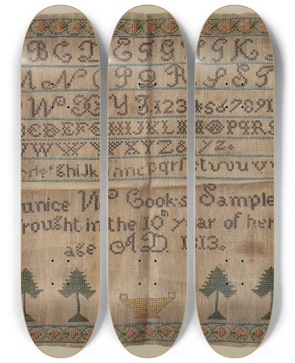 Triptych art skateboard deck of Alfred Walbeck Sampler_2 by Alfred Walbeck