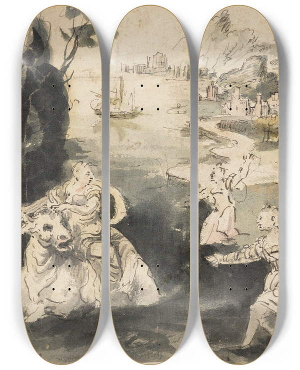 Triptych art skateboard deck of Bartholomus Dietterlin Raub Der Europa by Bartholomaus Dietterlin (1609-1624)