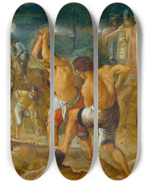 Triptych art skateboard deck of Adam Elsheimer The Frankfurt Altarpiece Of The Exaltation Of The True Cross The Digging For The Cross by Adam Elsheimer (1578-1610)