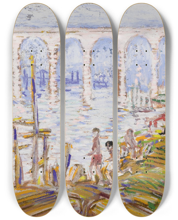 Triptych art skateboard deck of George Luks High Bridge Harlem River by George Luks (1866-1933)