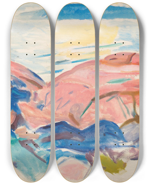 Triptych art skateboard deck of Edvard Munch Red Rocks by Edvard Munch (1863-1944)