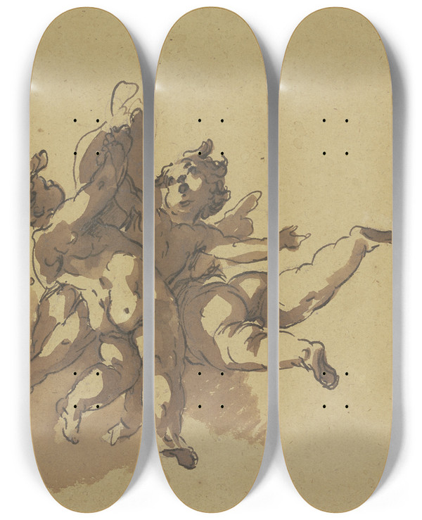 Triptych art skateboard deck of Gaspare Diziani Three Hovering Putti by Gaspare Diziani (1689-1767)