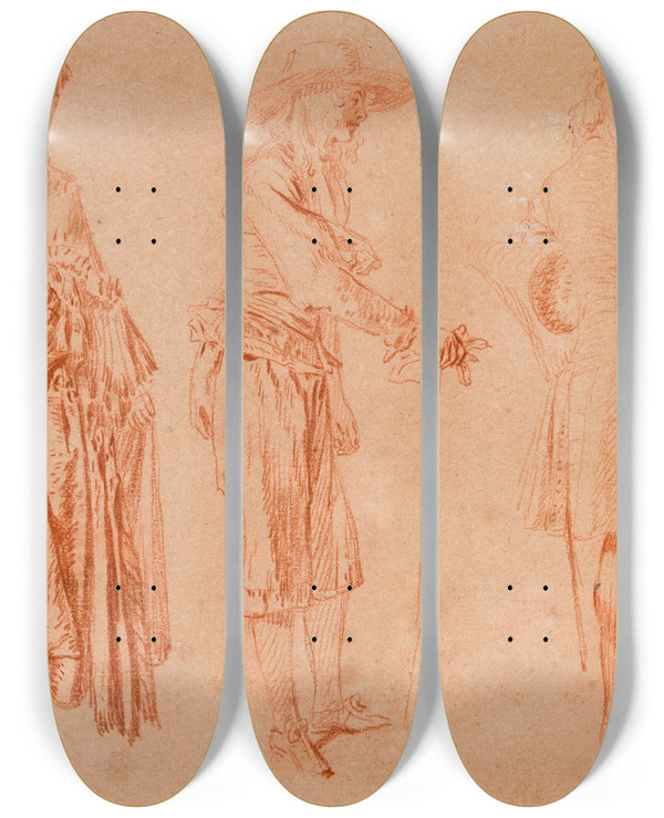 Triptych art skateboard deck of Jeanantoine Watteau A Lady And Two Gentlemen by Jean-Antoine Watteau (1684-1721)