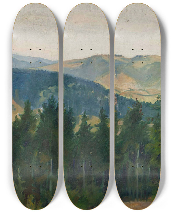 Triptych art skateboard deck of Wincenty Drabik Mountainscape by Wincenty Drabik (1881-1933)