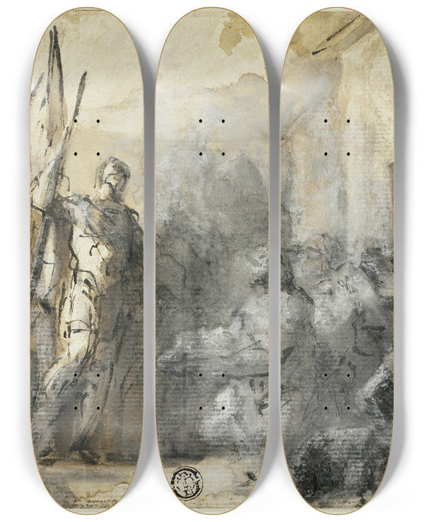 Triptych art skateboard deck of Domenico Mondo David And Abigail by Domenico Mondo (1723-1806)