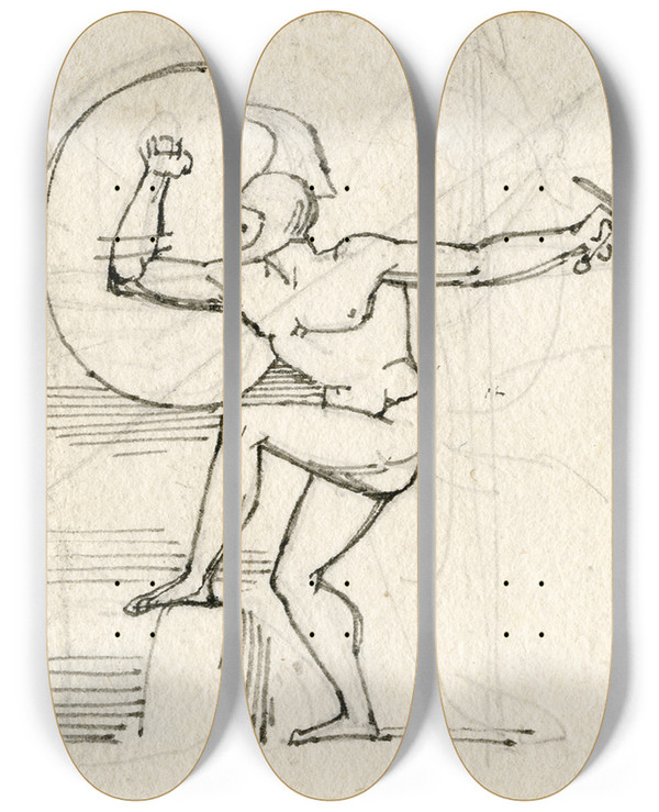 Triptych art skateboard deck of David Humbert De Superville Naakte Krijger Met Schild En Zwaard In Gevechtspose by David Humbert De Superville (1770-1849)