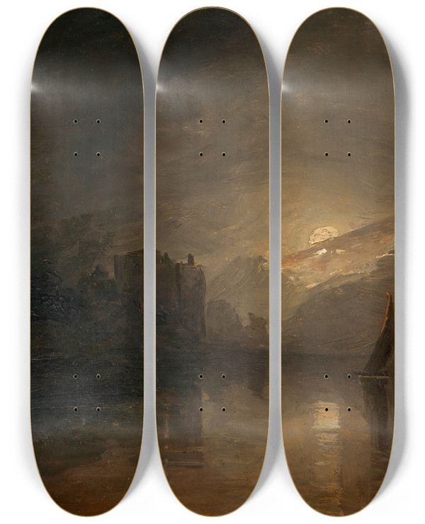 Triptych art skateboard deck of Adalbert Stifter Seestck Bei Mondbeleuchtung by Adalbert Stifter (1805-1868)
