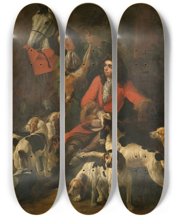 Triptych art skateboard deck of Jan Baptist Boel After The Hunt by Jan Baptist Boel (1643-1689)