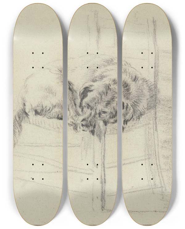 Triptych art skateboard deck of Nicolaes Pietersz Berchem Ein Hund Auf Einem Stuhl Liegend by Nicolaes Pietersz Berchem (1620-1683)