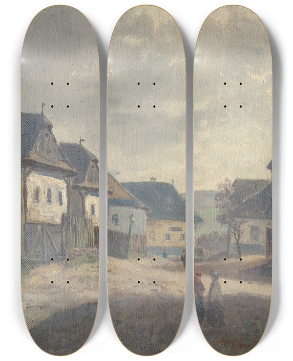 Triptych art skateboard deck of Jan Nowopack Village Square by Jan Nowopacky