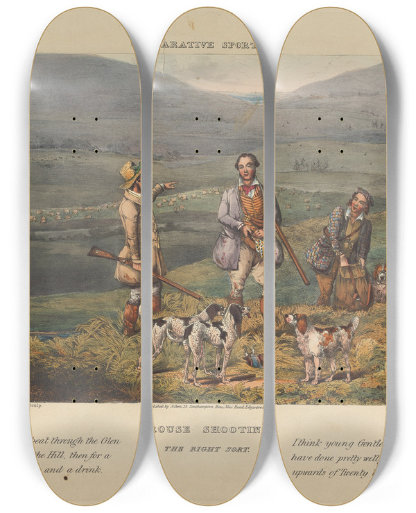 Triptych art skateboard deck of Henry Thomas Alken Comparative Sporting 1 Grouse Shooting by Henry Thomas Alken (1785-1851)