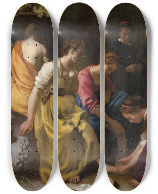 Triptych art skateboard deck of Johannes Vermeer Diana And Her Nymphs by Johannes Vermeer (1632-1675)