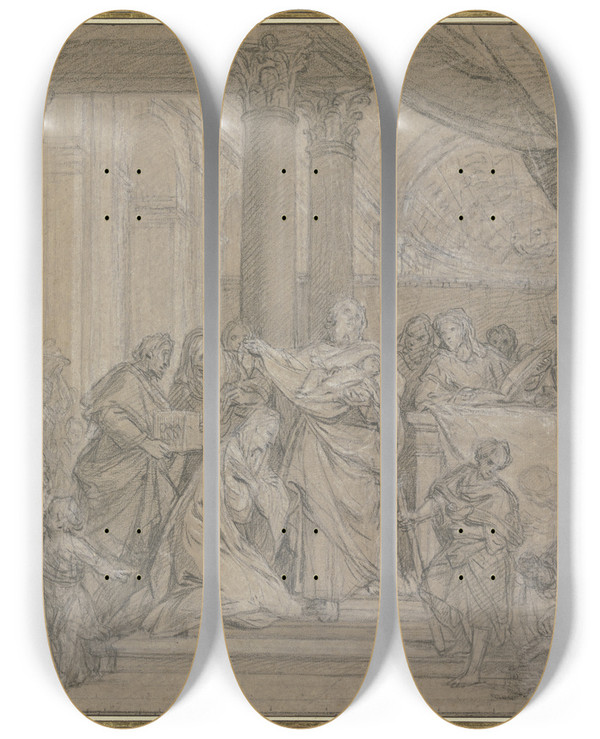 Triptych art skateboard deck of Louis De Boullogne Presentation At The Temple by Louis Boulogne (1654-1733)