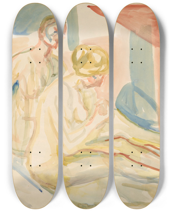 Triptych art skateboard deck of Edvard Munch Sittende Naken Mann Og Kvinne by Edvard Munch (1863-1944)