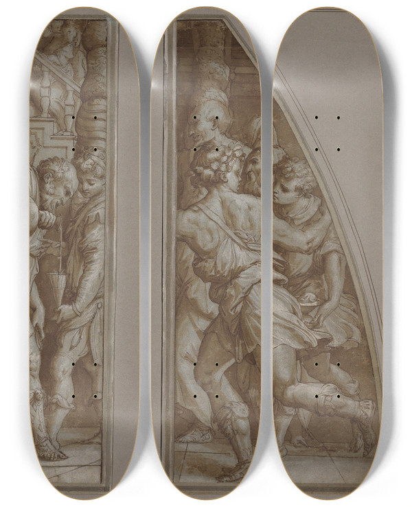 Triptych art skateboard deck of Giorgio Vasari Bearded Man Filling A Glass And Youth Running by Giorgio Vasari (1511-1574)