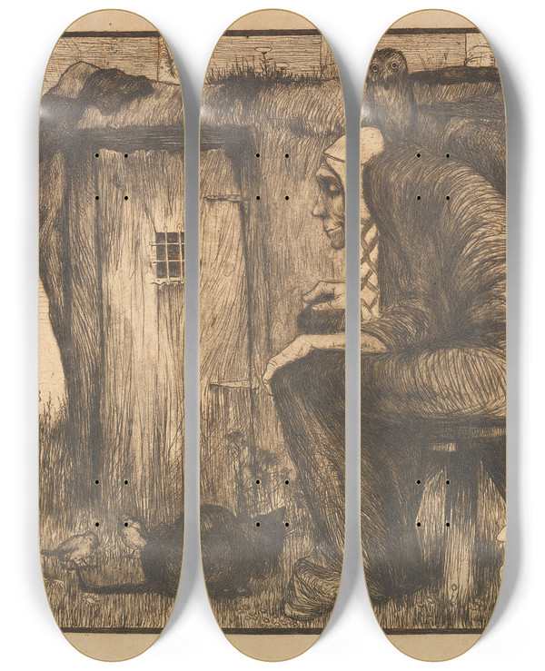 Triptych art skateboard deck of Heinrich Vogeler Die Hexe Mit Eule by Heinrich Vogeler (1872-1942)
