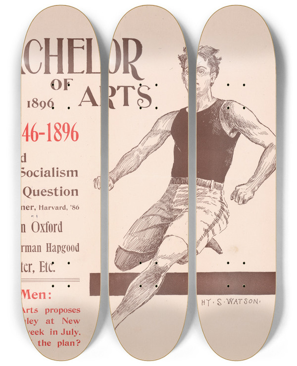 Triptych art skateboard deck of Henry Summer Watson The Bachelor Of Arts For October 1896 by Henry Summer Watson (1868-1933)