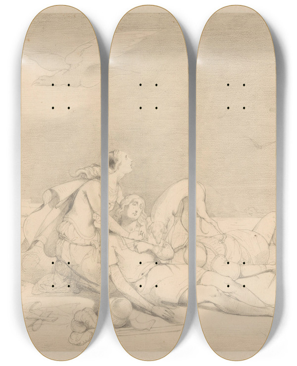 Triptych art skateboard deck of Alexander Hugo Bakker Korff Scne Uit Een Middeleeuws Verhaal Bewening Van Een Man Door Zijn Beminde Op Het Slagveld by Alexander Hugo Bakker Korff (1824-1882)