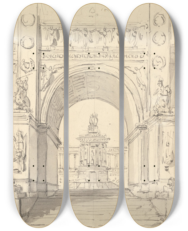 Triptych art skateboard deck of Thomas Grieve Design For Covent Garden Drop Curtain by Thomas Grieve