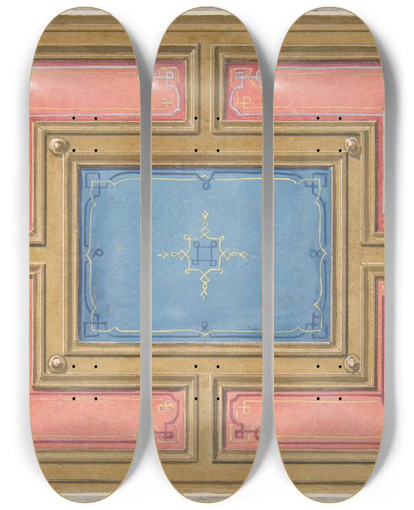 Triptych art skateboard deck of Julesedmondcharles Lachaise Design For A Paneled Ceiling_2 by Jules-Edmond-Charles Lachaise (1897)