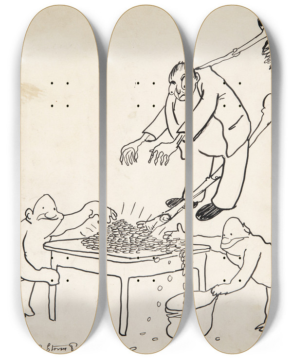Triptych art skateboard deck of Robert Storm Petersen Gnieren by Robert Storm Petersen (1882-1949)