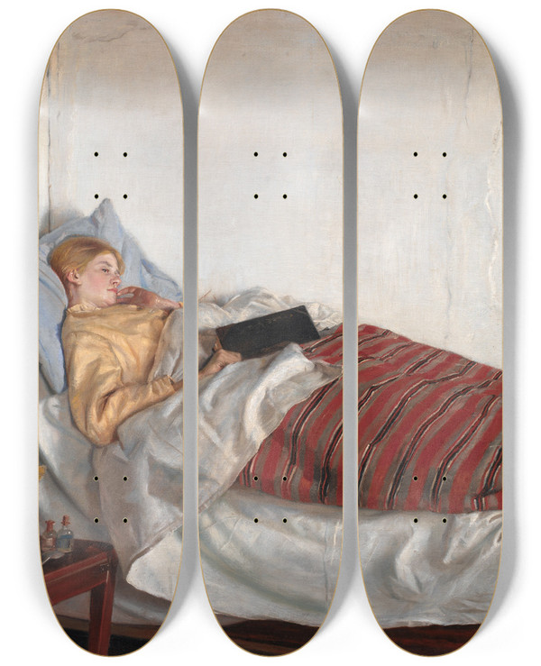 Triptych art skateboard deck of Michael Ancher The Sick Girl by Michael Ancher (1849-1927)