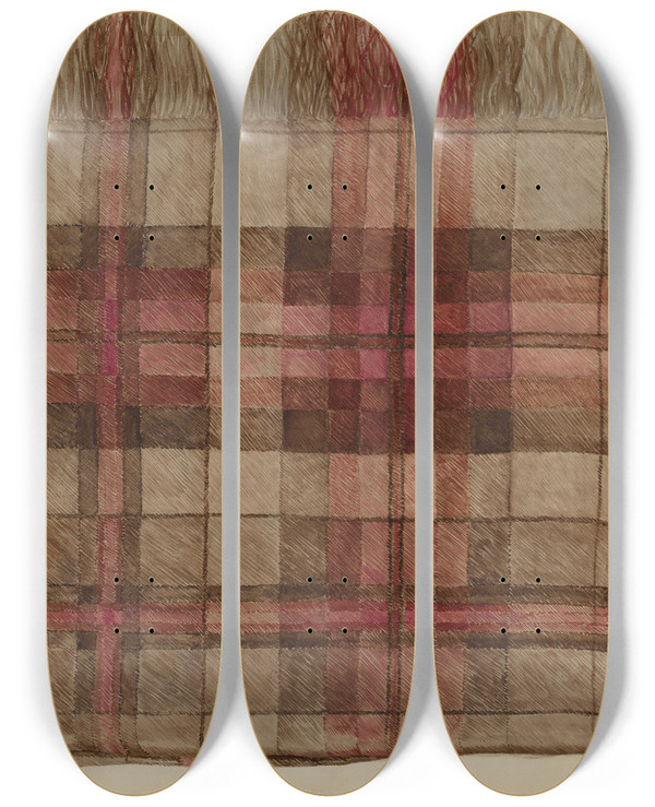 Triptych art skateboard deck of Eva Wilson Shawl Plaid by Eva Wilson