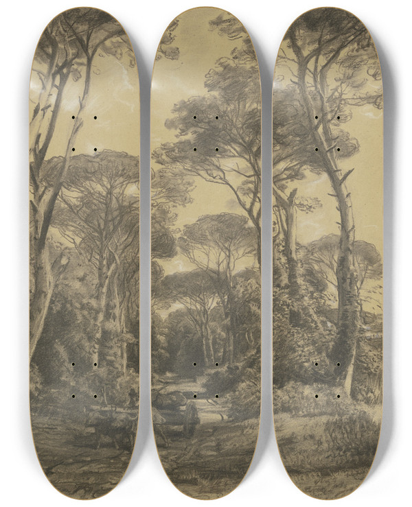 Triptych art skateboard deck of Eduard Wilhelm Pose Pinienwald Mit Einem Bffelkarren by Eduard Wilhelm Pose (1812-1878)