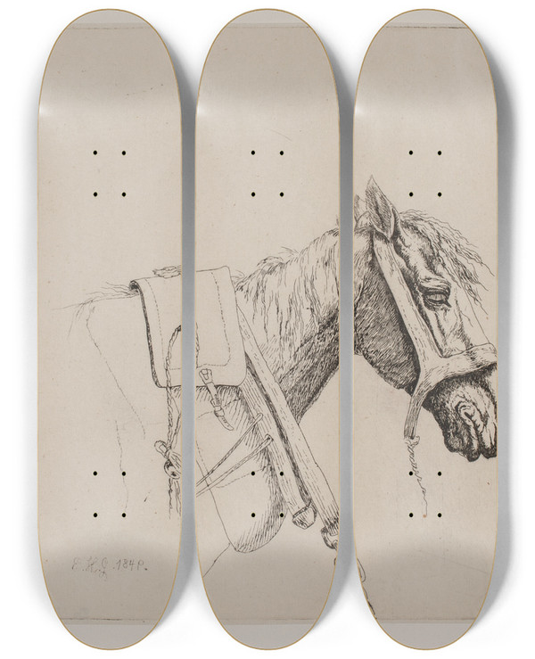 Triptych art skateboard deck of Emmerik Heghguldberg Et Hestehoved_2 by Emmerik Hegh-Guldberg (1807-1881)