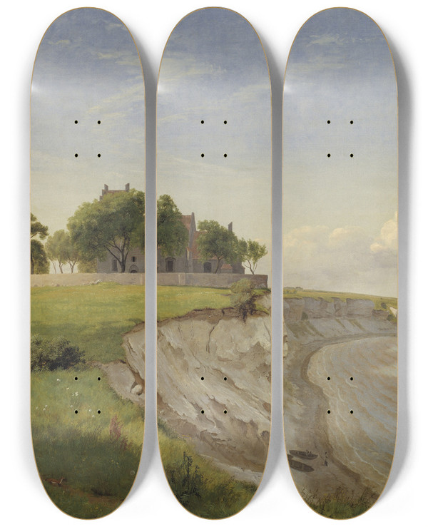 Triptych art skateboard deck of P C Skovgaard Hjerup Church On The Cliffs Of Stevns Zealand by P C Skovgaard (1817-1875)