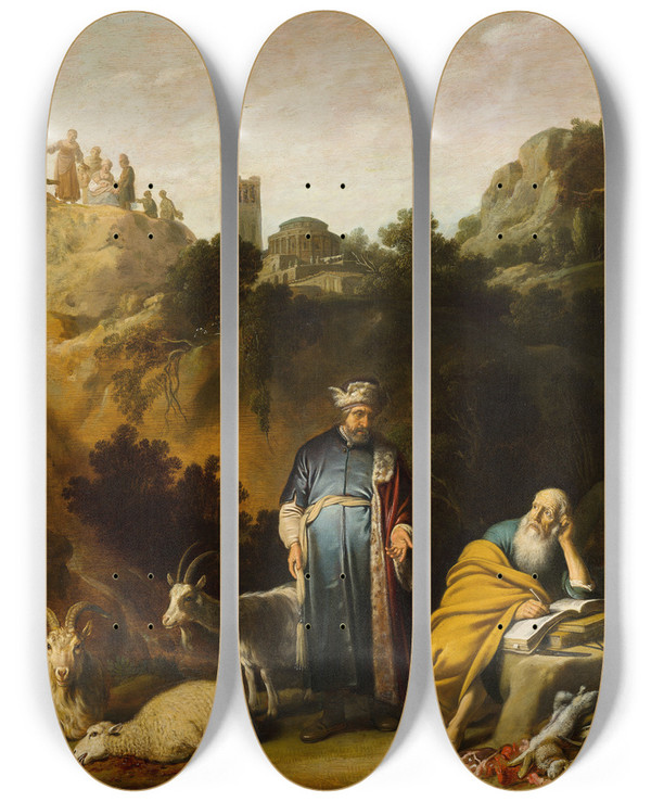 Triptych art skateboard deck of Nicolaes Moeyaert Hippocrates Visiting Democritus by Nicolaes Moeyaert (1592-1655)