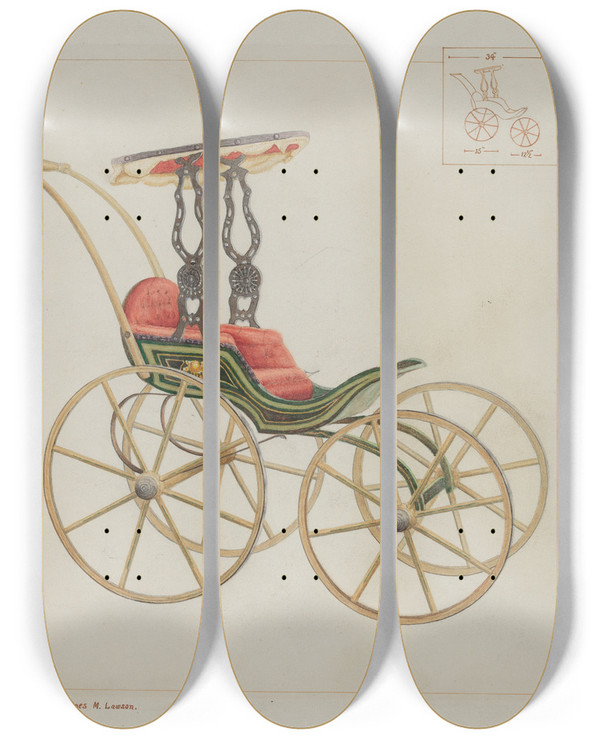 Triptych art skateboard deck of James M Lawson Doll Carriage by James M Lawson