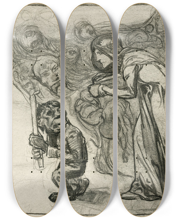 Triptych art skateboard deck of Johannes Josephus Aarts Vrouw Volgt Lopende Gnoom Met Kaars by Johannes Josephus Aarts (1871-1934)