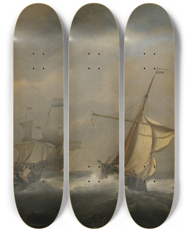 Triptych art skateboard deck of Willem Van De Velde The Younger Fishing Boats In A Gabe by Willem van de Velde the Younger (1633-1707)