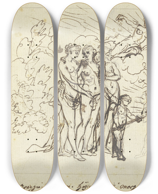 Triptych art skateboard deck of Daniel Nikolaus Chodowiecki The Three Graces by Daniel Nikolaus Chodowiecki (1726-1801)