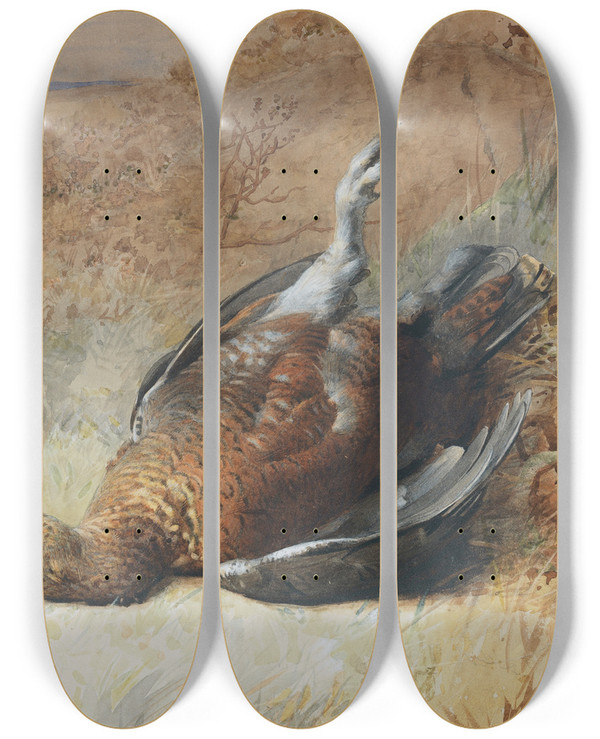 Triptych art skateboard deck of Archibald Thorburn Study Of A Grouse by Archibald Thorburn (1860-1935)